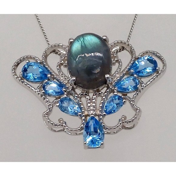 Chuck Clemency Blue Gemstone Topaz Pendant Necklace STS 925 Sterling Sparkly! - Picture 6 of 14